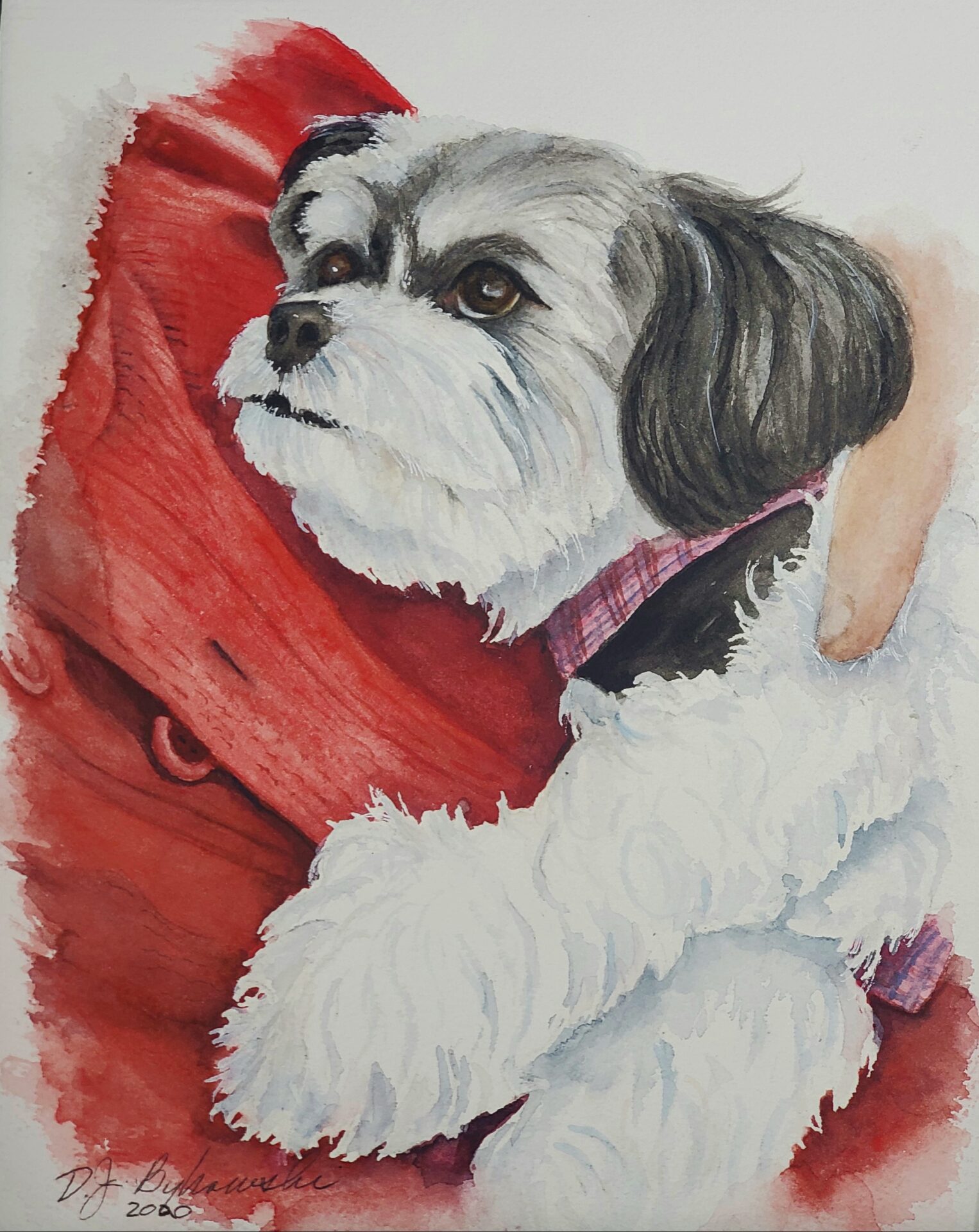 Painting art of a puppy in a persons arms