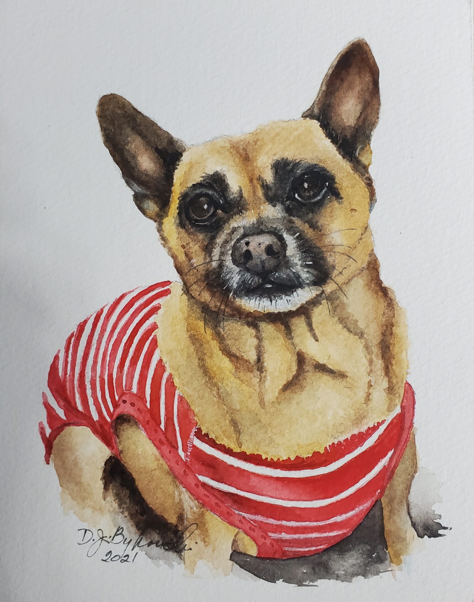 Painting art of a dog wearing a red and white stripes shirt