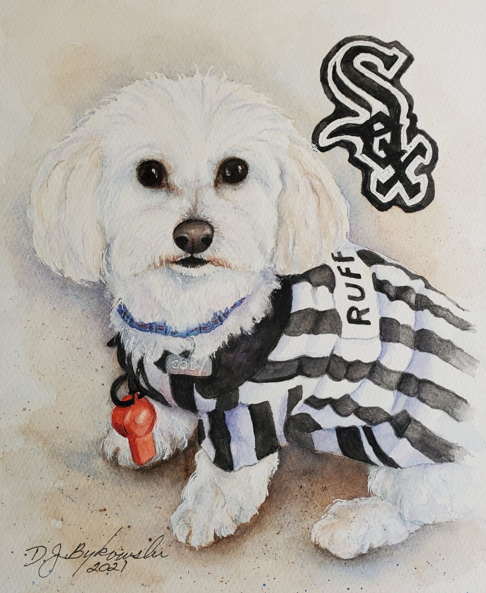 Painting art of a dog wearing a black white stripes shirt