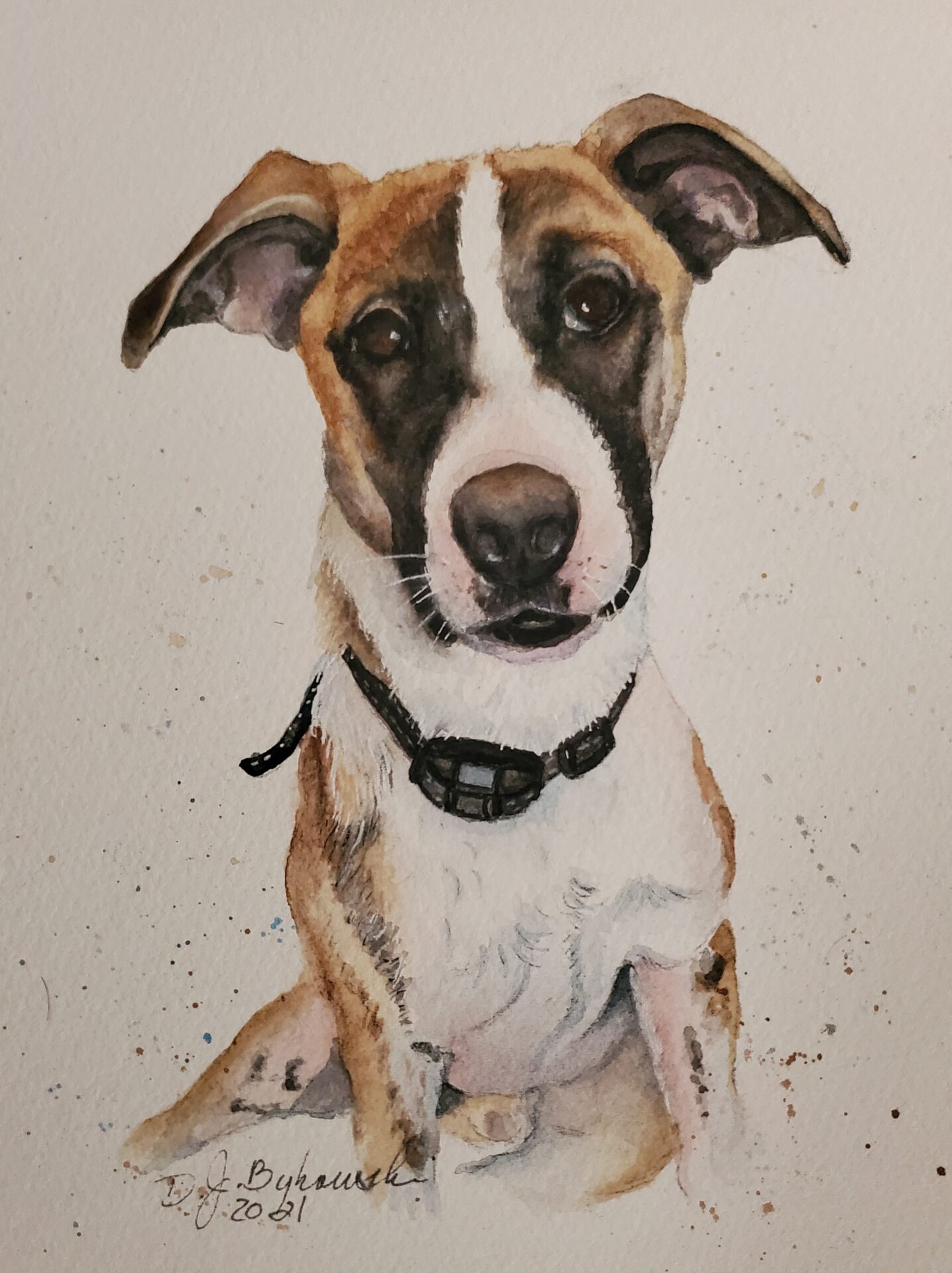 Closeup shot of painting art of a brown and white color dog