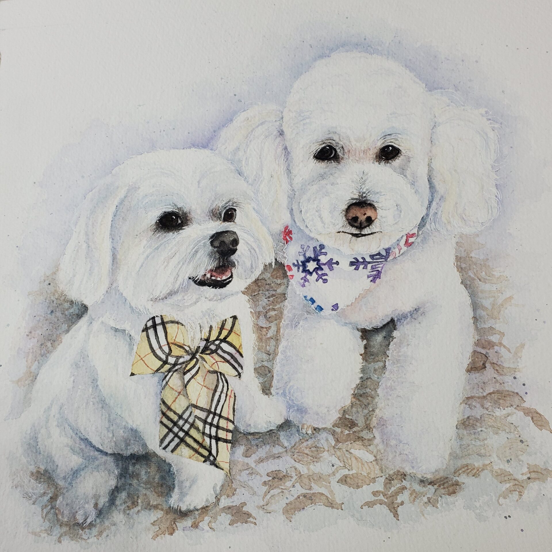 Closeup shot of painting art of two white puppies