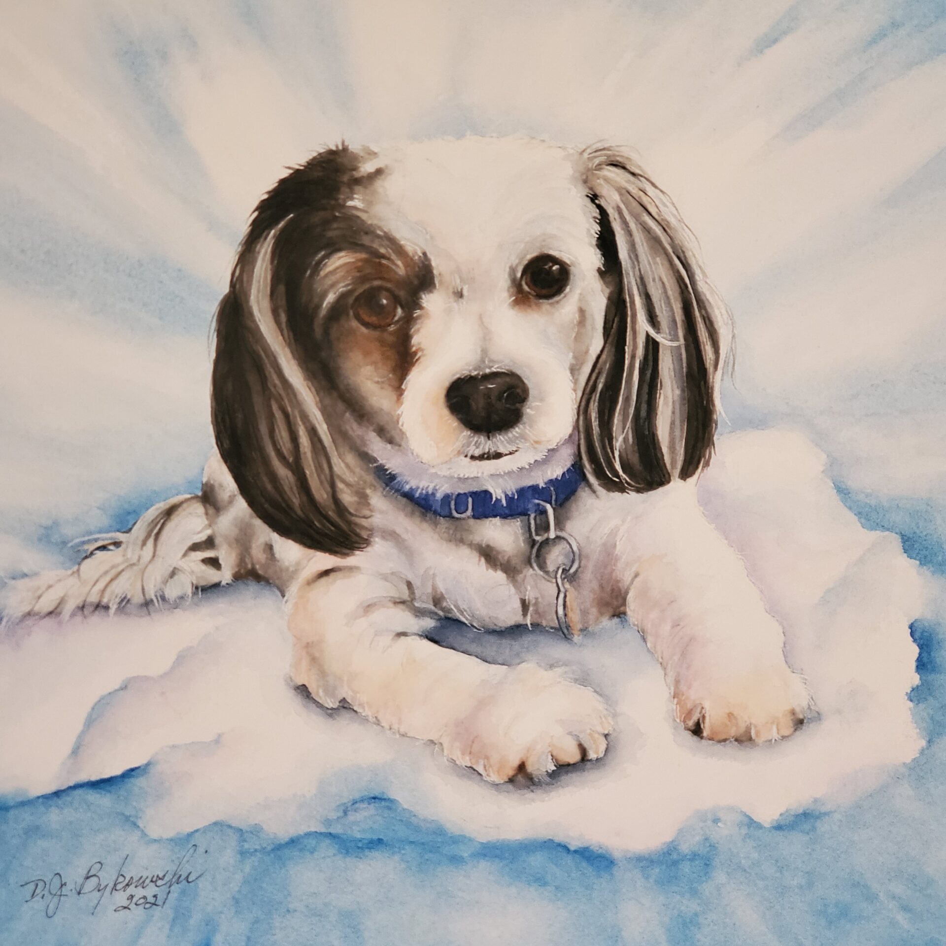 A dog in blue and white background painting art