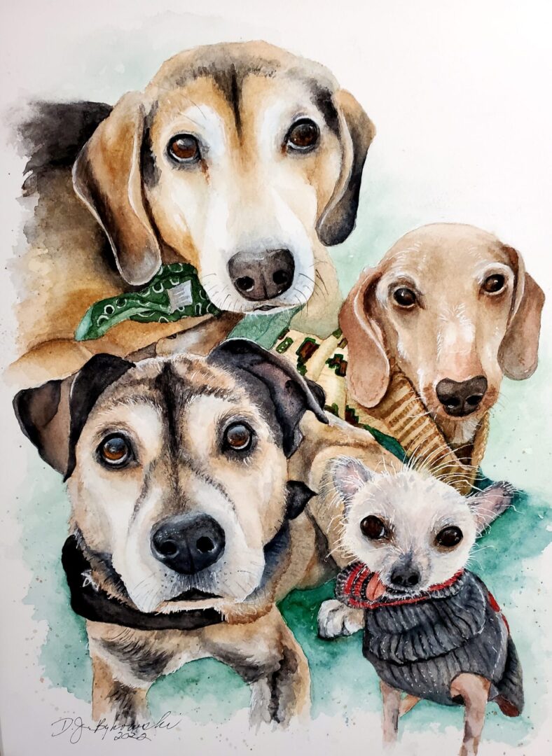 Closeup shot of group of dogs painting art