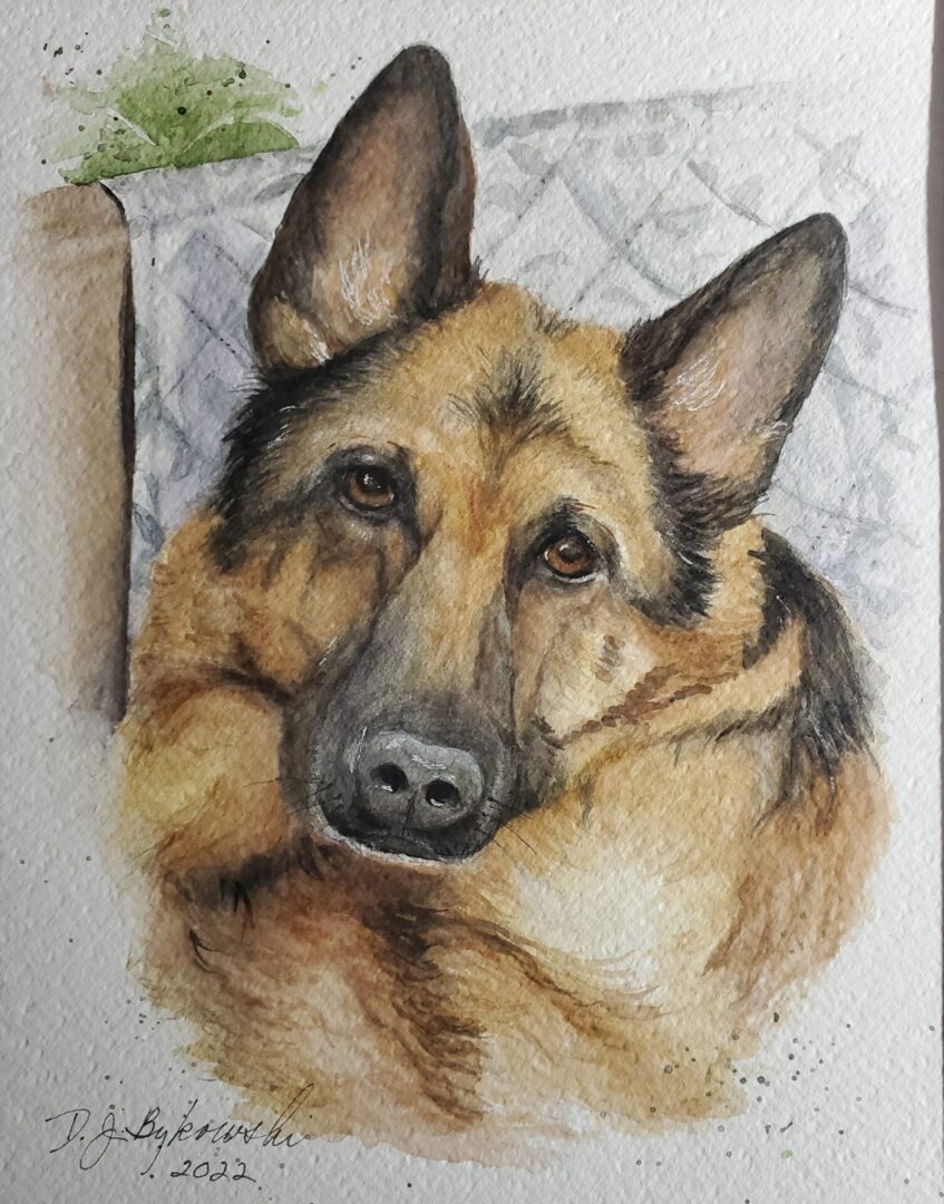 Closeup shot of a brown and black dog painting art