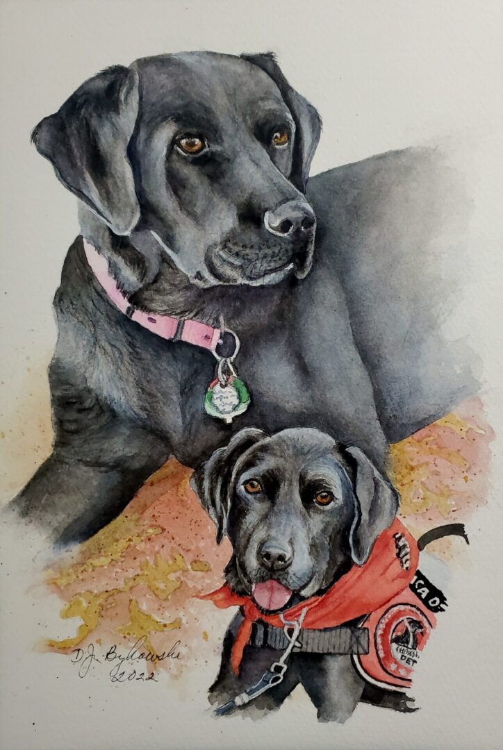 Closeup view of two black dogs painting art